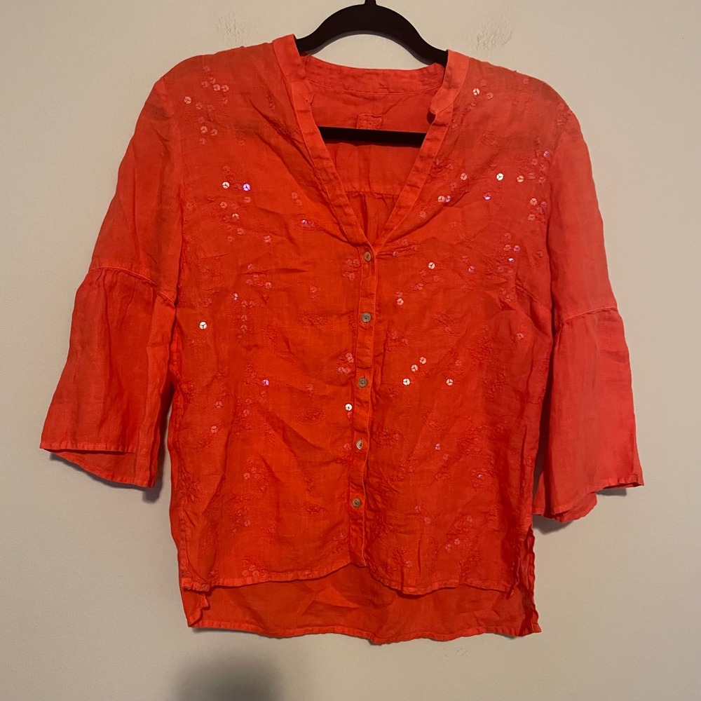 120% Lino linen sequin blouse red M coastal resort wear vacation preppy